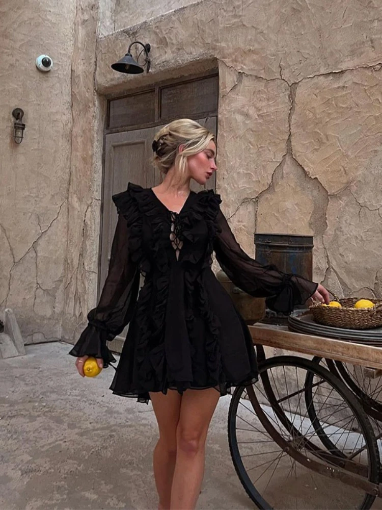 

Solid Dresses Long Sleeve Elastic Waist Maxi Dress European Style Flowy Chiffon V Neck Tie Waist A Line Dress Sexy Ruffle Trim