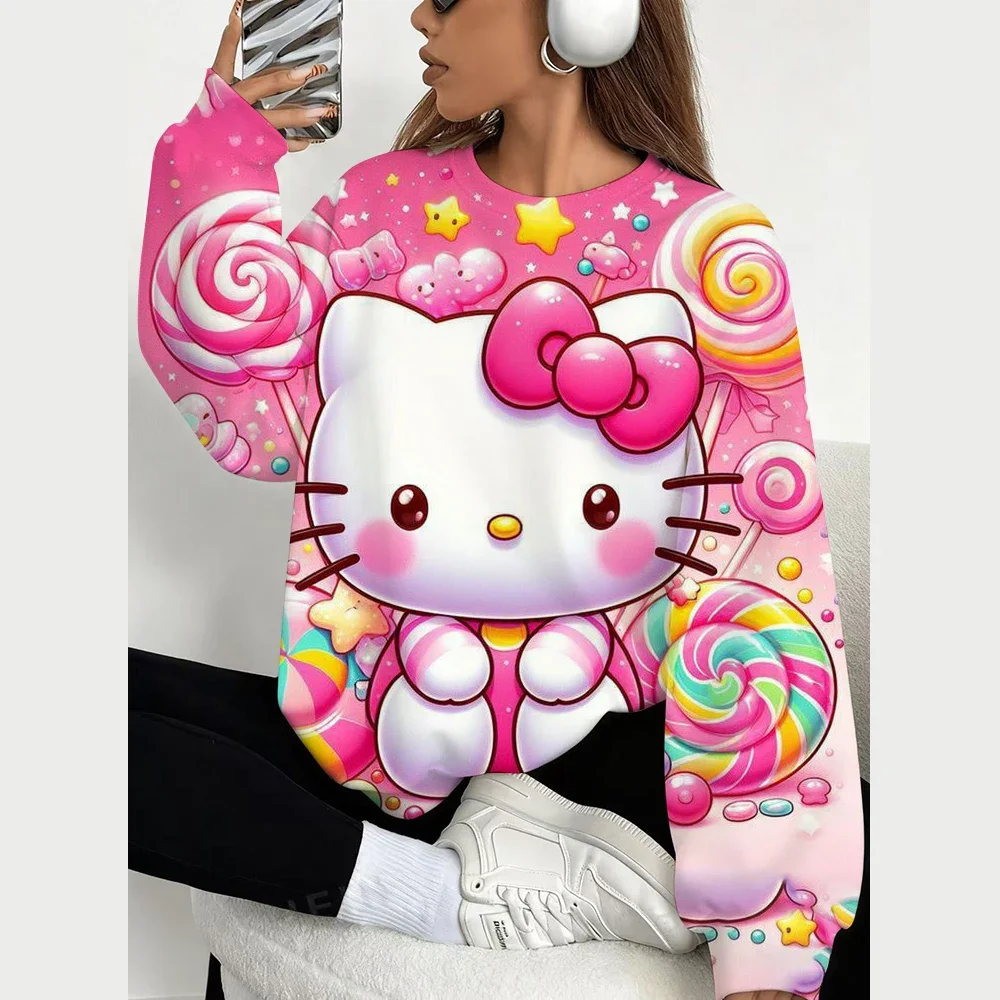 Women Hoodies Halloween Hello Kitty Print Sweatshirt Women Fashion Crew Neck Pullover Hoodie Hello Kitty Female Coat