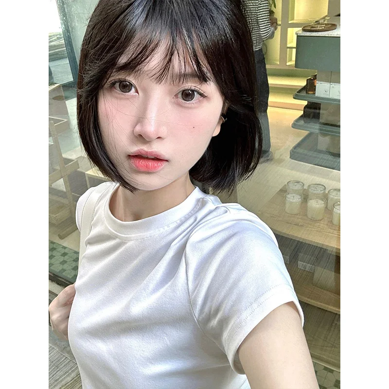 Czysta bawełna lub T-shirt damski letni, dopasowany krój, okrągły dekolt, nieregularny dół, modny streetwear