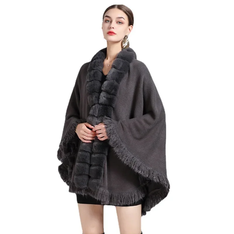 Women Winter Thick Knitted Loose Cloak Bamboo Joint Poncho Oversize Shawl Cape Faux Rabbit Fur Collar Long Tassel Outstreet Coat