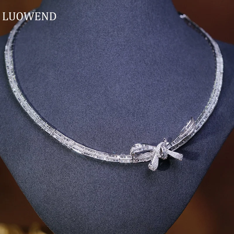 LUOWEND 18K White Gold Necklace Luxury 6.8carat Real Natural Diamond Necklace for Women Senior Banquet High Party Jewelry