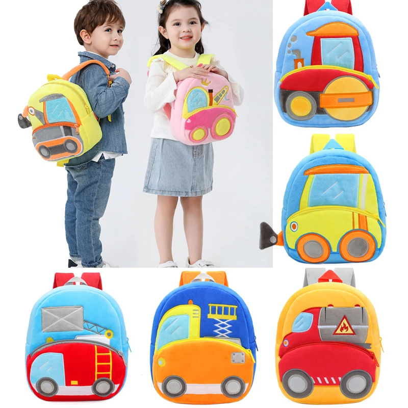 Sac à dos en peluche de la série de voitures d\'ingénierie pour enfants, sacs d\'école pour bébés, sac de loisirs de sortie pour garçons et filles,