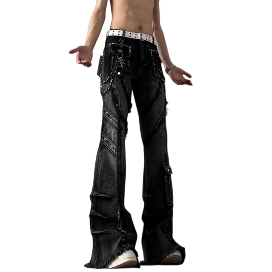 Gothic Punk Man Jeans 2025 New Subculture Cargo Pants Black Boot Cut Denim Pants Vintage Vibe Frayed Hem Wasteland Trousers