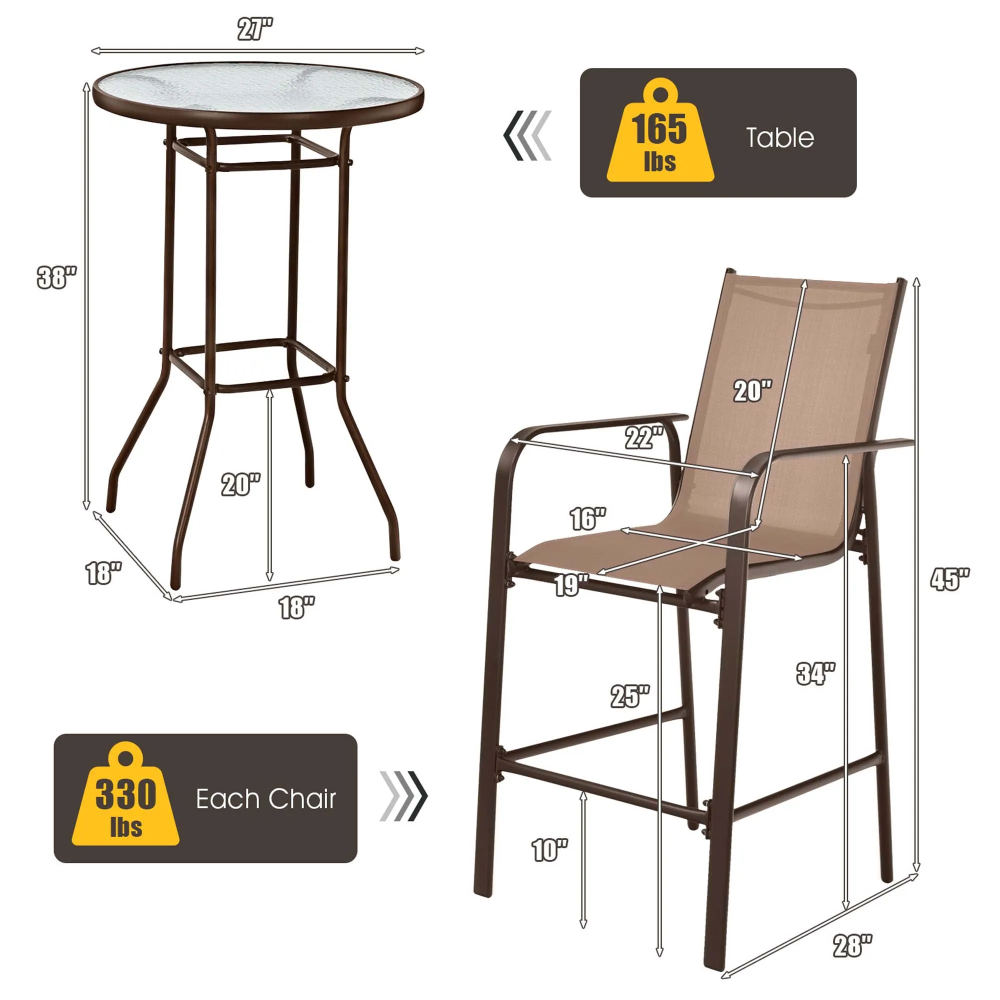 3 PCS Outdoor Patio Bar Table Stool Set Height Tempered Glass Top