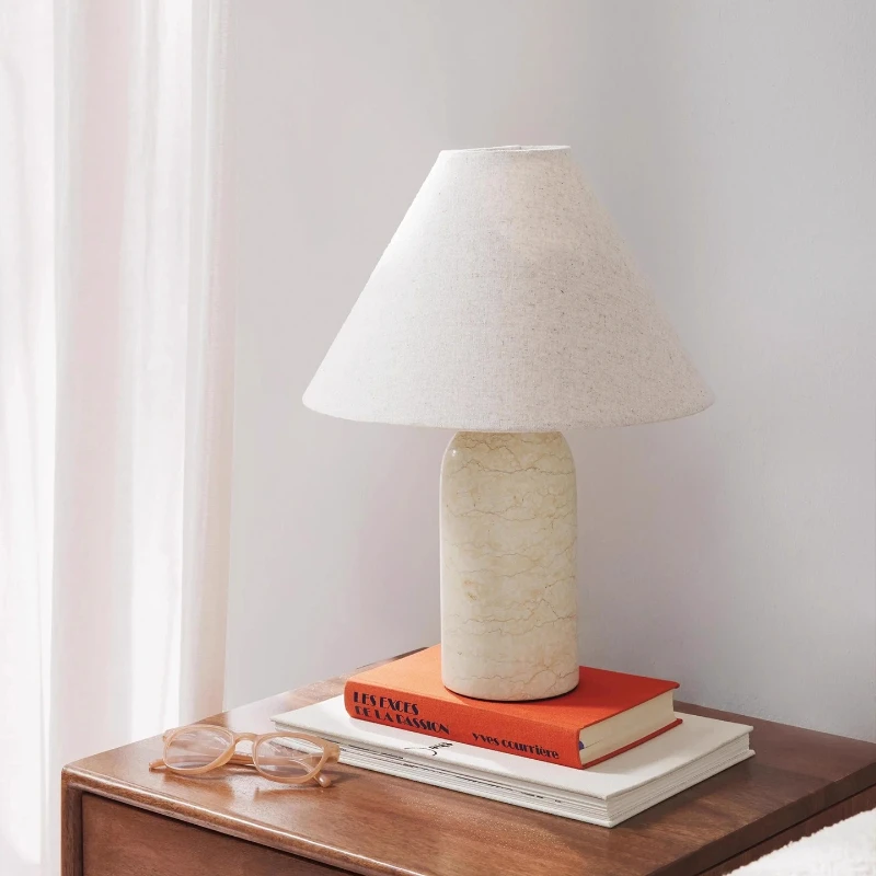 Denmark Cylindrical Marble Table Lamps Taper Fabric Lampshade Modern Living Room Bedroom Restaurant Study Atmosphere Desk Lights