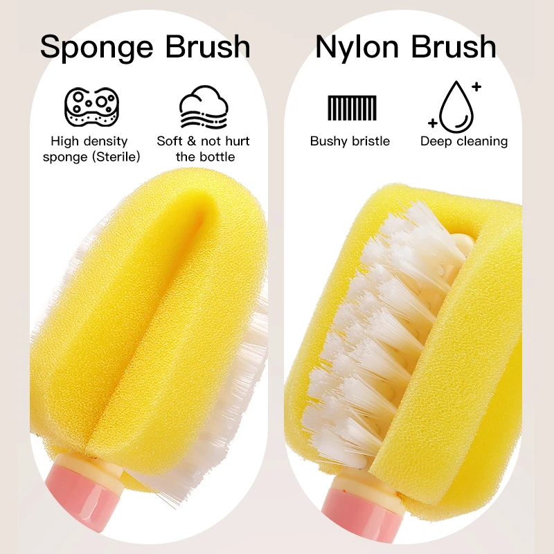 2023 New Design Nylon Sponge Baby Bottle Cleaning Brush Set Nipple Brush Feeding Bottle Cleaner Tools 2 in 1