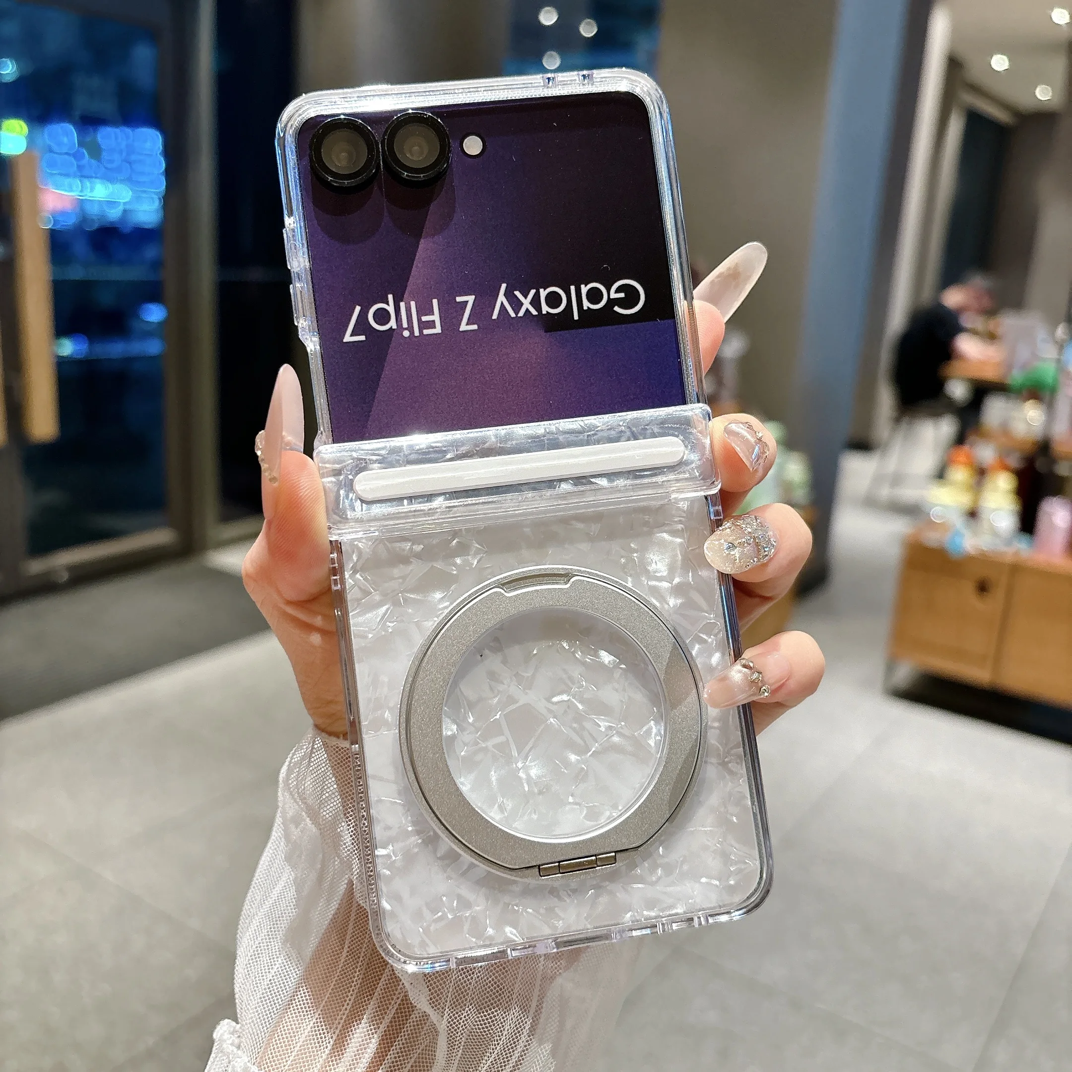 Dreamy Shell Pattern Magnetic Hinge Case For Samsung Galaxy Z Flip 7 6 5 360° Rotate Bracket Wireless Charging Hard PC Cover