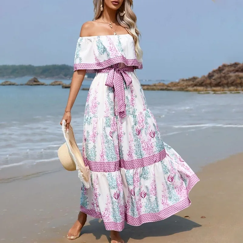 New one-word shoulder printing long pendulum  vintage summer sexy dress