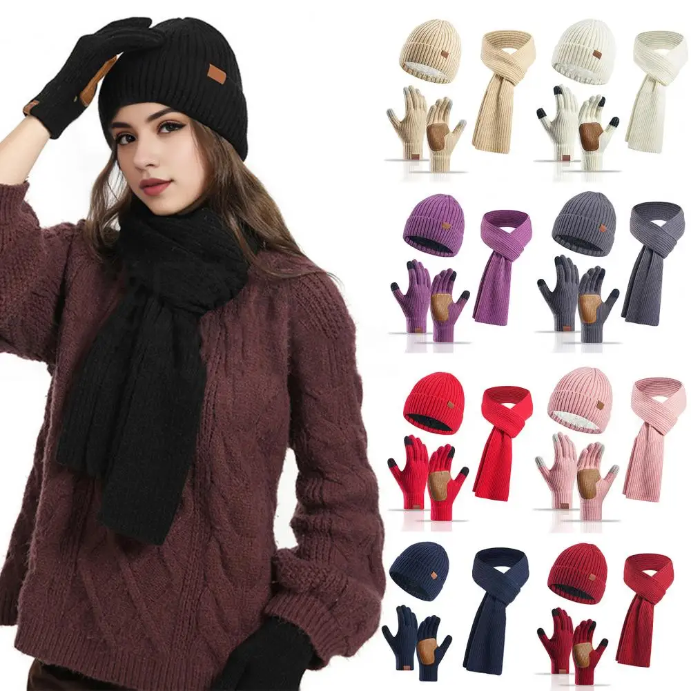 Luvas de tela sensível ao toque inverno gorro cachecol conjunto de malha quente boné fricção palma luvas à prova vento cúpula pescoço urdidura para ao ar livre