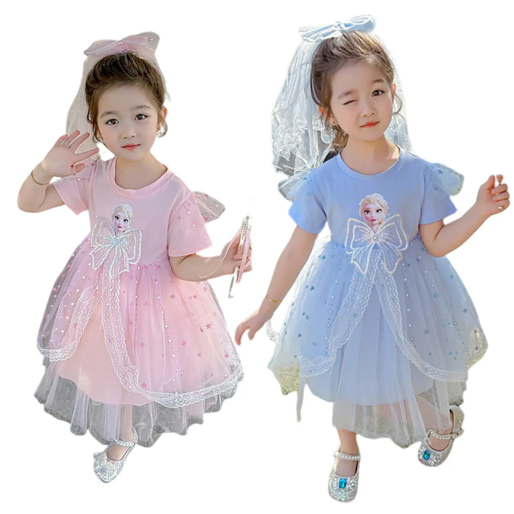 

2026 Summer Baby Girls Short Sleeve Snow Queen Dress Puffy Tulle Tutu Ice Princess Gown Kids Birthday Party Western Style Outfit
