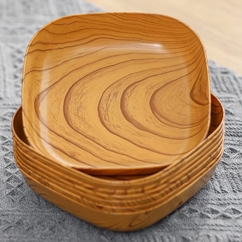 Kitchen Wood Grain Plastic Square Plate Salad Bowl Kitchen Spit Bone Dish Plate Coaster Serving Plate for Dining Snack Nuts