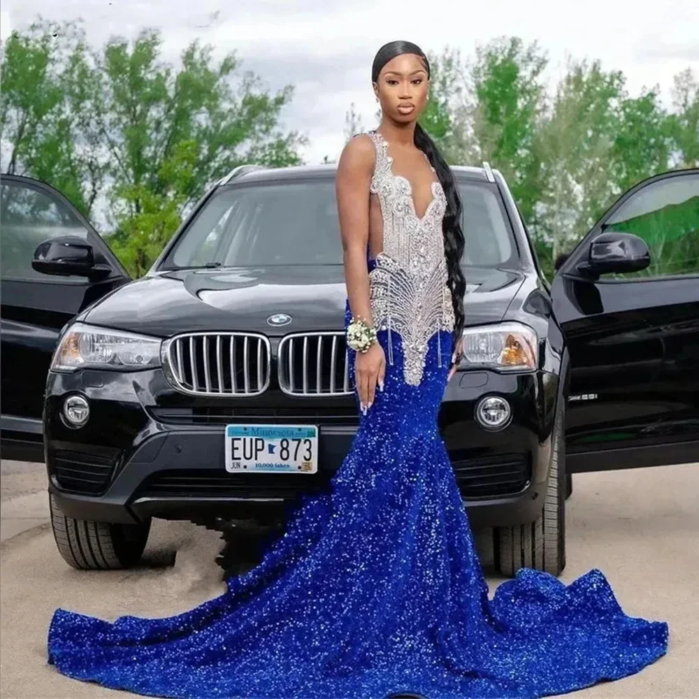 

Blue Mermaid Prom Dresses Black Girls 2024 Luxury Bead Diamond Tassel Sparkly Sequin Lace Women Formal Evening Party Gala Gowns