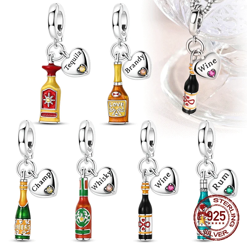 

Charms Beads Original 925 Silver Red Wine Champagne Whiskey Glass Coffee Cup Pendants Fit Bracelet Bangle Necklace DIY Jewelry