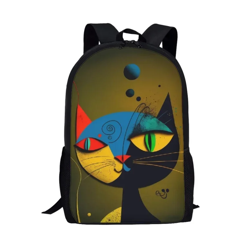 Funny Abstract Cat School Backpack para crianças, mochilas escolares, design de arte, mochila para alunos elementares, meninos, meninas, 16 polegadas