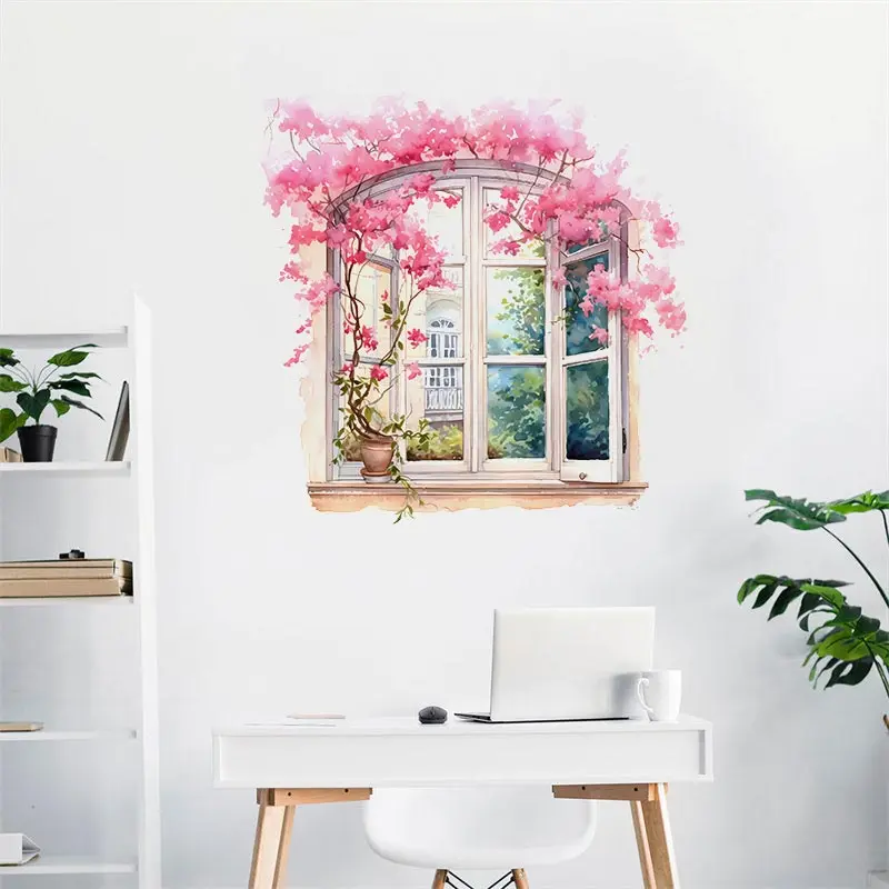 Pink Flower Window Funny Wall Sticker Kids Room Background Home Decoration Mural Living Room Wallpaper Decal