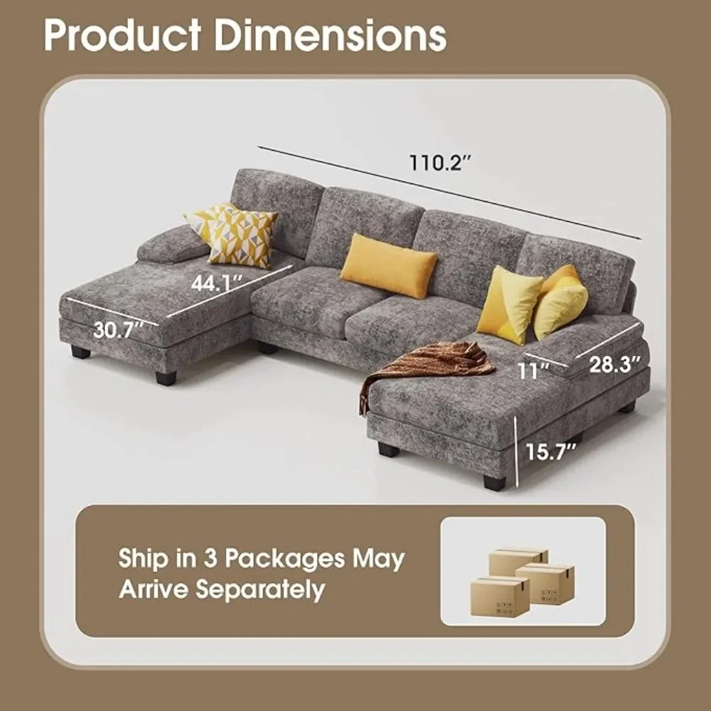 Sectional Couches for Living Room, U-Shaped Sofa Couch with Linen Fabric, 4 Seat Sofa Set with Double Chaise for Apartment Grey