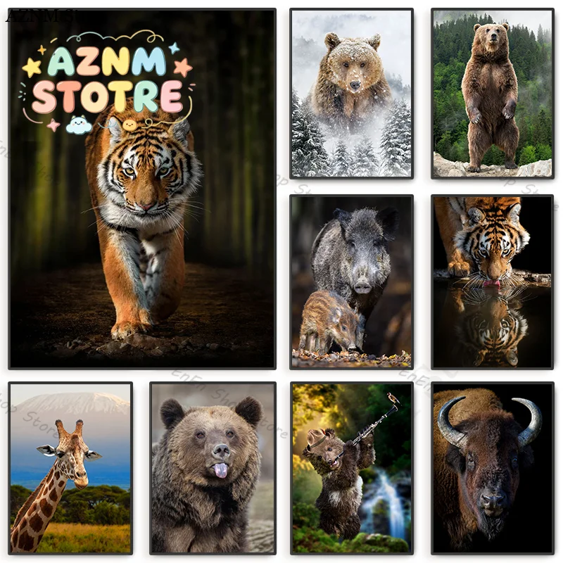 Wild Animal Posters Tiger Brown Bear Bison Wild Boar Canvas Painting and Prints Wall Art Pictures Living Room Home Hallway De