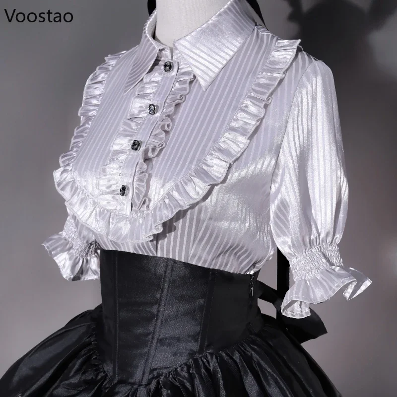 

Victorian Gothic Lolita Blouses Women Japanese Y2k Chic Ruffle Striped Tops Vintage Elegant Office Lady Sweet Puff Sleeve Shirts