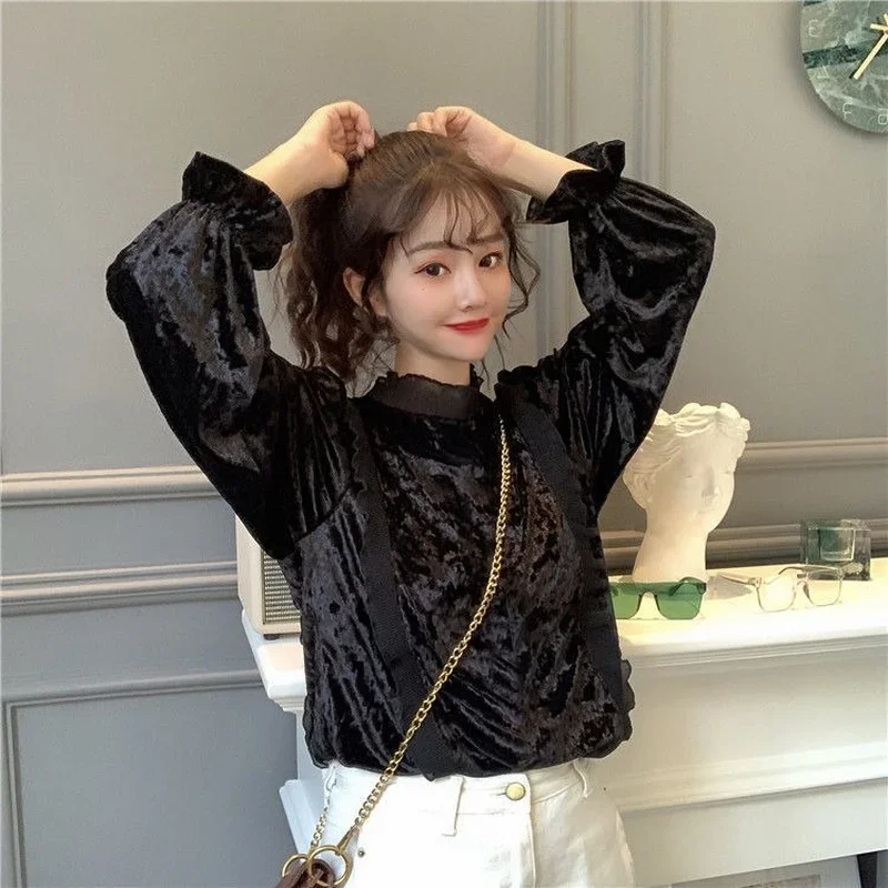 2025 New Korean Patchwork Blouses Women Stand Collar Puff Sleeve Long-sleeved Shirt Dropshipping Womens Blouses