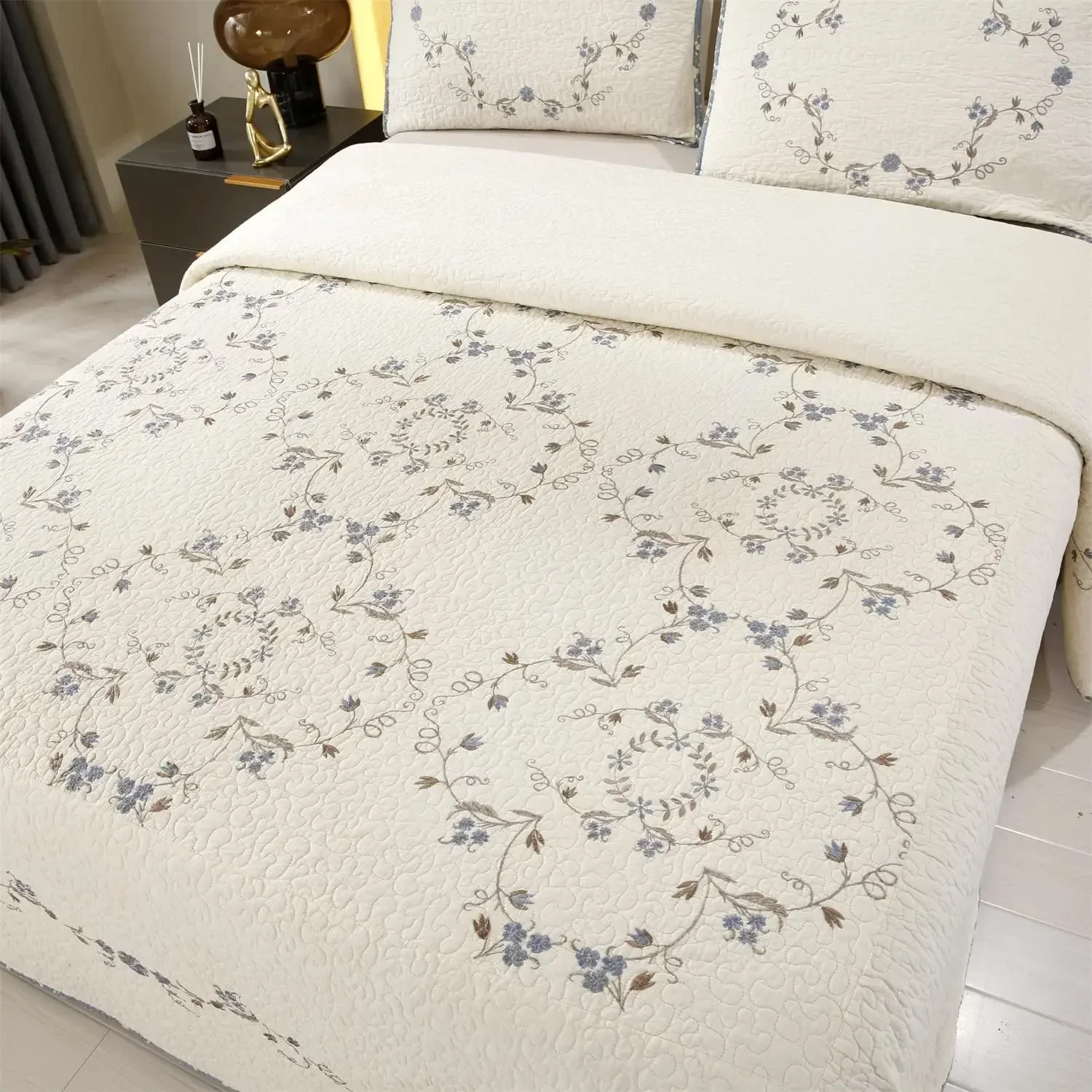 Beige Quilted Bedspread 3-Piece Set, King Size - Cotton Blend Lightweight Coverlet with Blue Floral Embroidery, Includes 2 Pillo