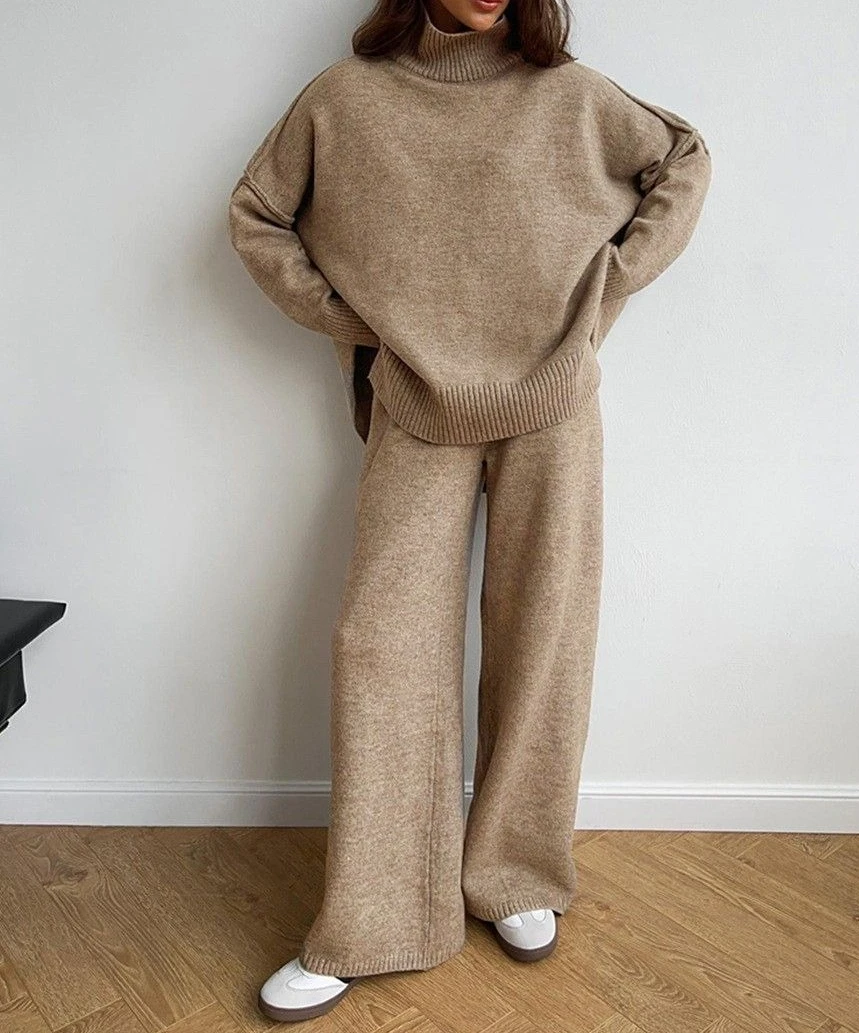 Fall/Winter Loose-Weave Casual High-Neck Sweater Set and Lazy Thick Knitted Pants Set