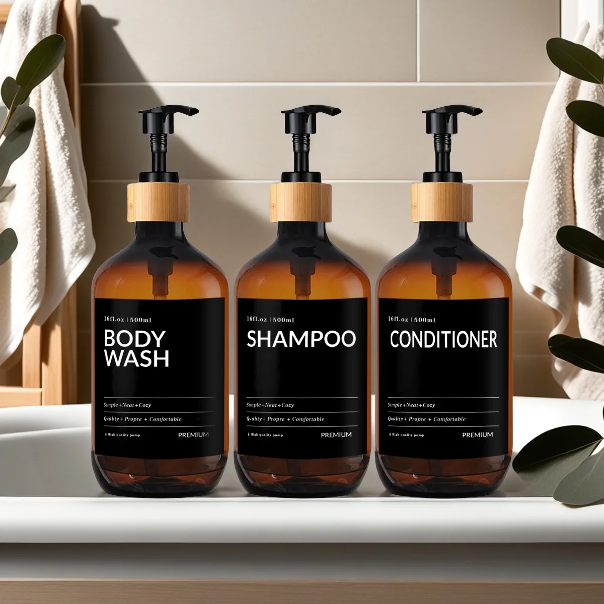 Shower Shampoo and Conditioner Soap Dispenser with Labels Apothecary Liquid Container Bamboo Pump Bottle Home Decor
