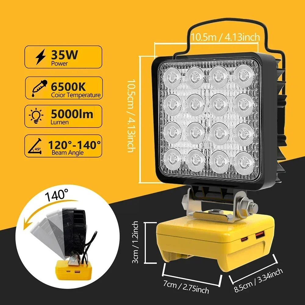 16 luces LED de trabajo linterna focos tipo C banco de energía USB para DeWalt 18V 20V batería de litio Control de haz alto y bajo