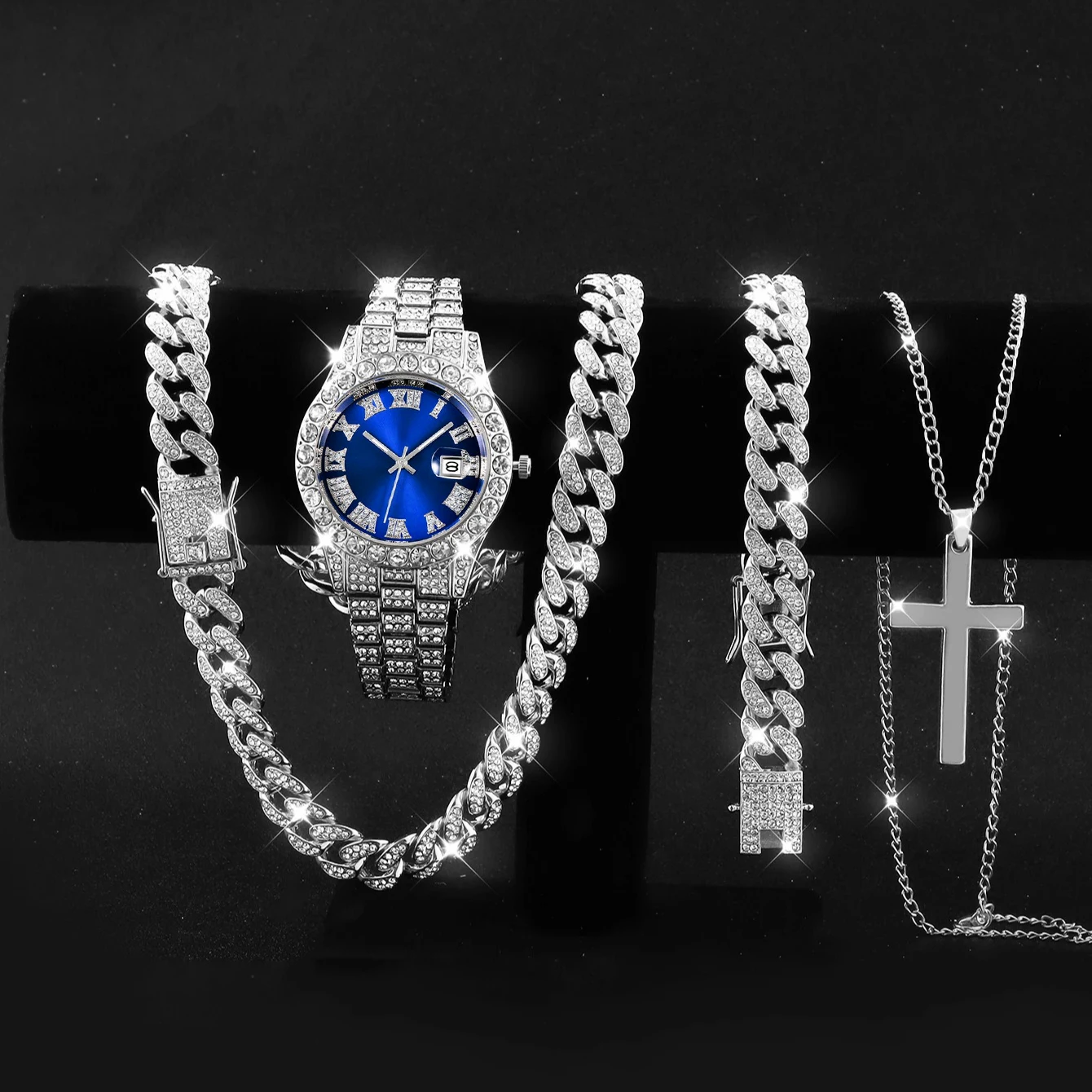 

Набор из 4 предметов: роскошные мужские кварцевые часы с календарем и стразами, модные браслеты и цепочки в стиле хип-хоп, мужские наручные часы с ремешком из нержавеющей стали