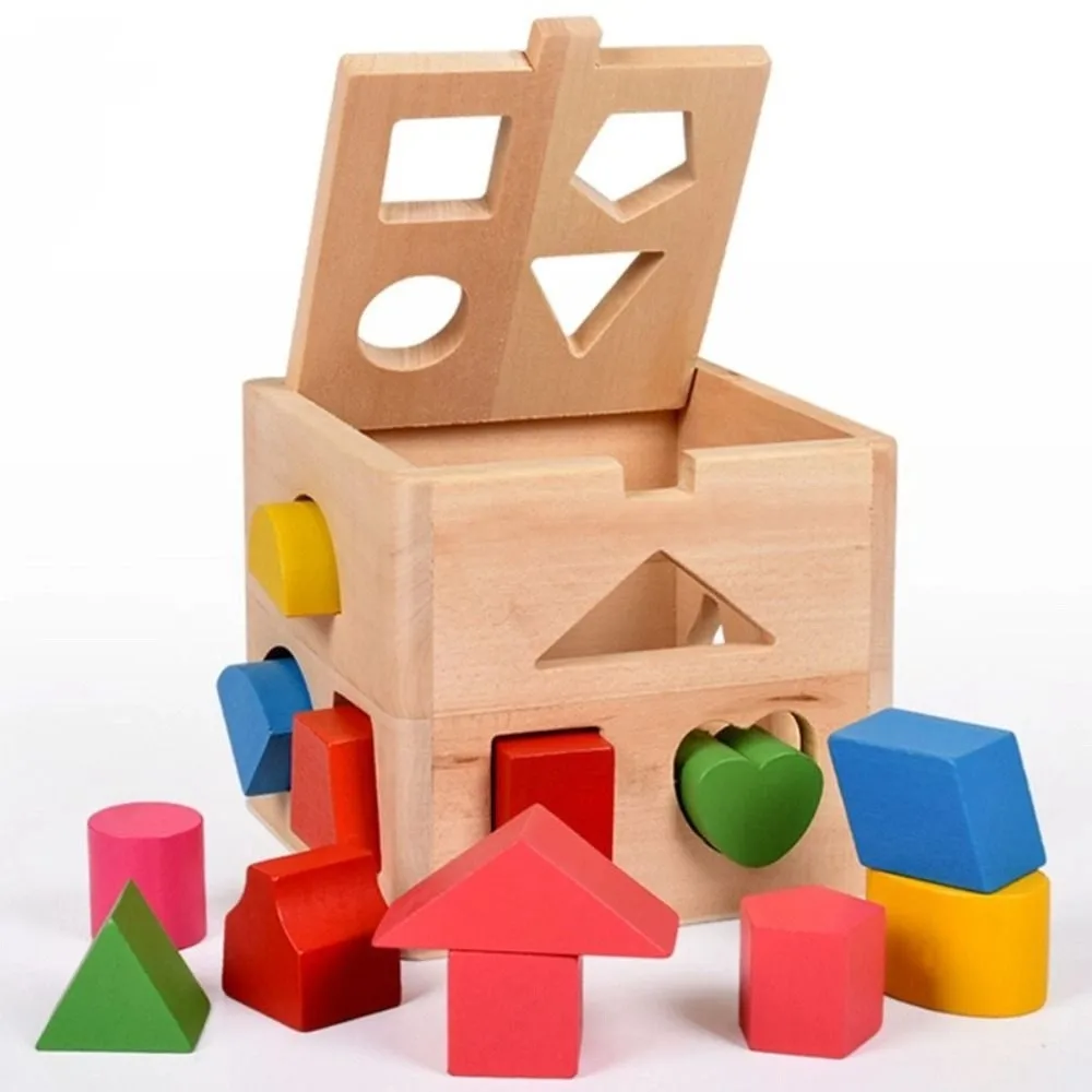 Hölzerner Montessori-Formsortierer, quadratische Box, buntes Formsortierspielzeug, kognitive Entwicklung, mathematische Formen