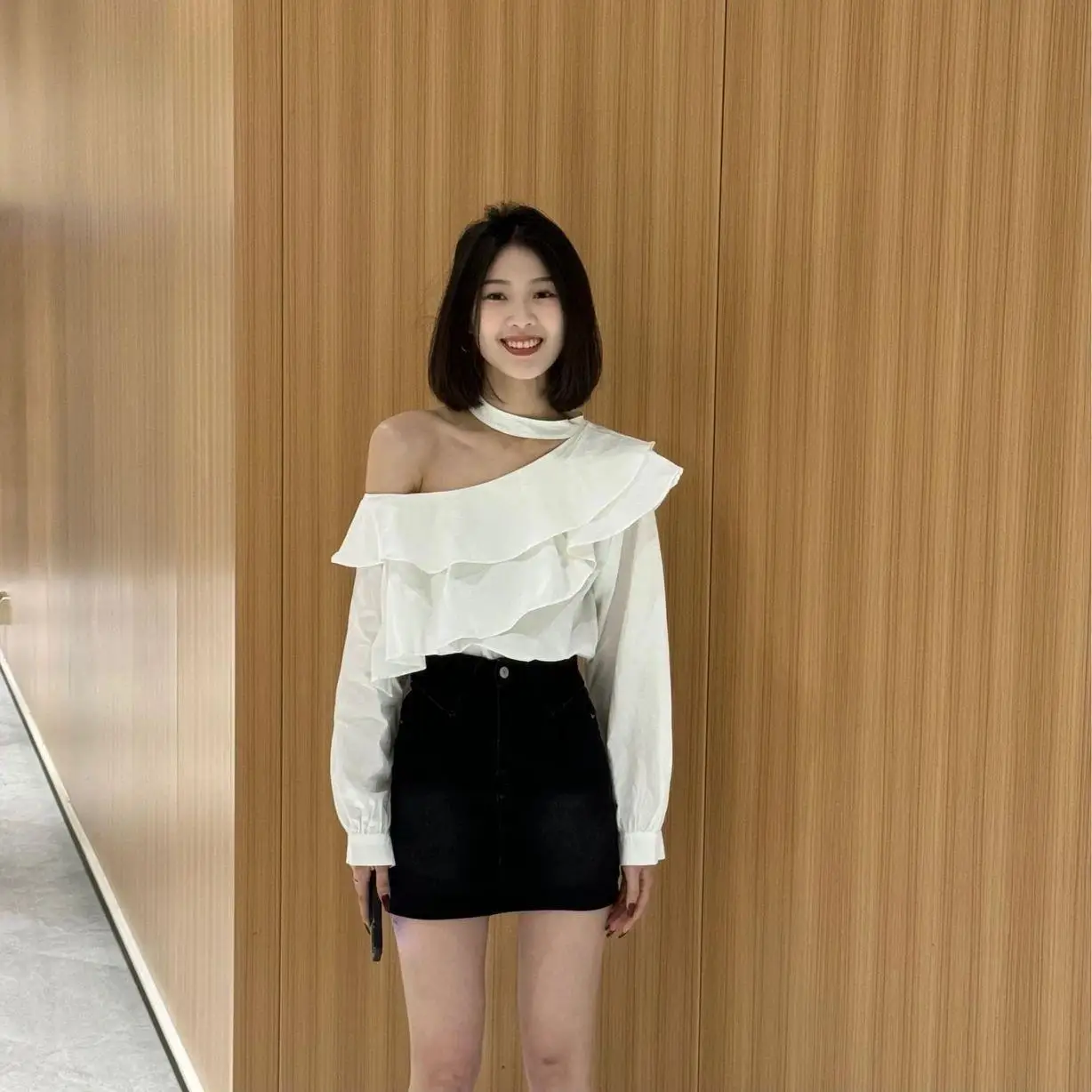 French Spring Women Light Ripening Elegance Double-deck Ruffles Oblique Shoulder Long Sleeved Shirt Loose Off Shoulder Tops