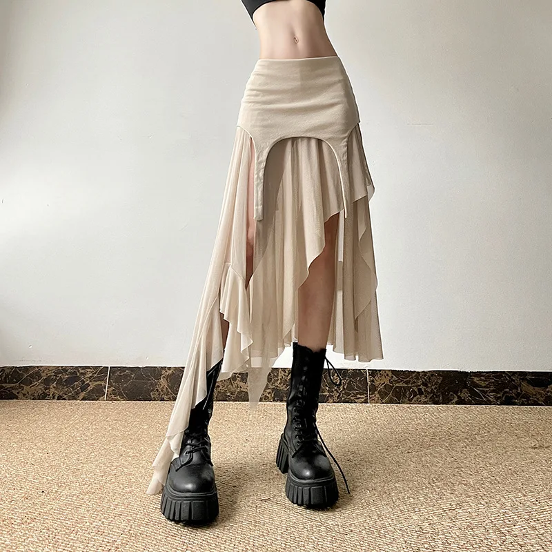 

Summer Punk Gauze Skirts Women New Solid Color Slim Fit Layered Skirt with Shorts Streetwear High Waisted Irregular Half Dress