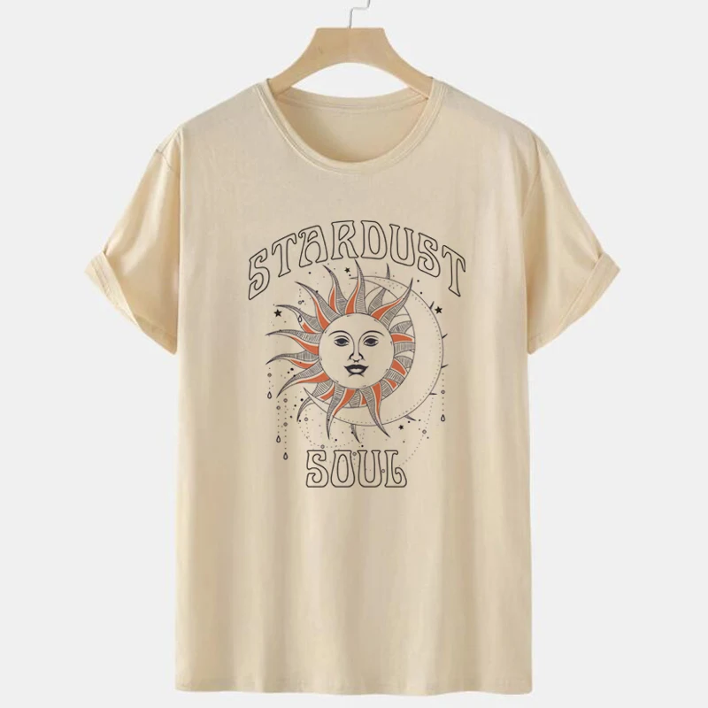 Stardust Soul Women Celestial Sun Moon T-Shirt Vintage Boho Astrology Tshirt Cute Loose Witch Shirt Ladies Fashion Graphic Tops