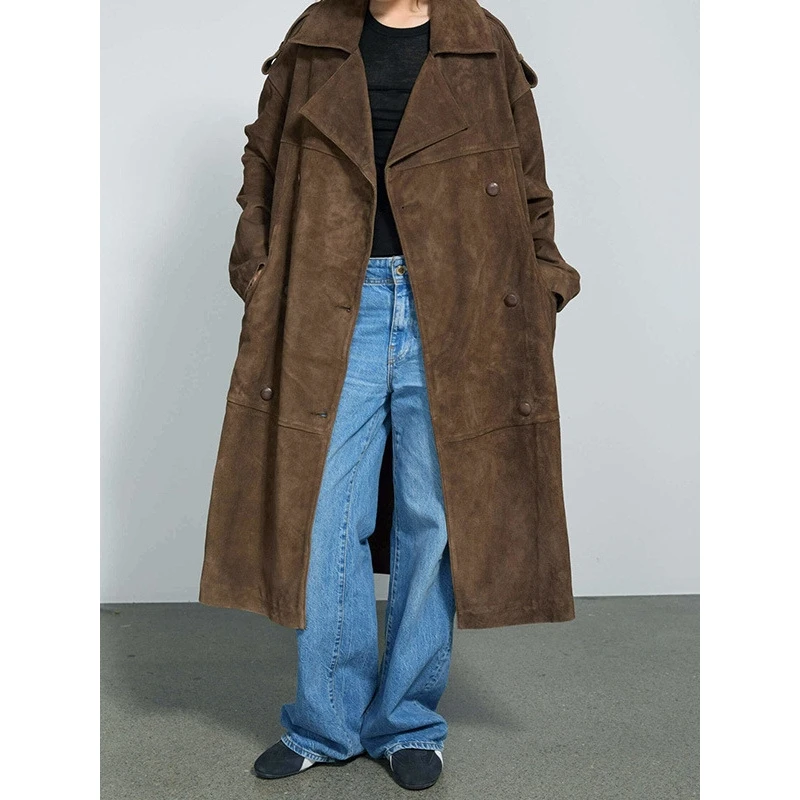 

Коричневое длинное замшевое пальто, новинка весны, свободная женская ветровка с лацканами, длинная пуговица, чистый цвет