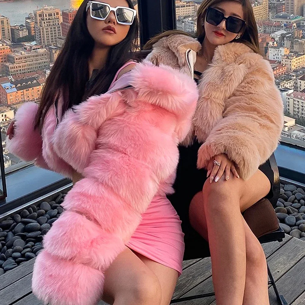 Luxury Winter Women Pink Faux Fox Fur Coat Hooded Female Fluffy Artificial Mink Fur Jacket Zipper Outerwear Flocking Cardigan