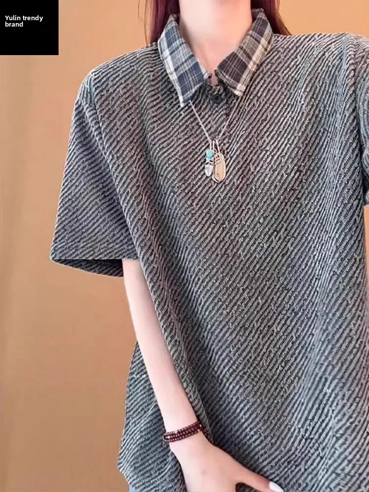 

Men's Summer Short Sleeve Shirt Plaid Patchwork Fake Two-Piece Heavyweight T-Shirt Shoulder-Length Half Sleeve American ...