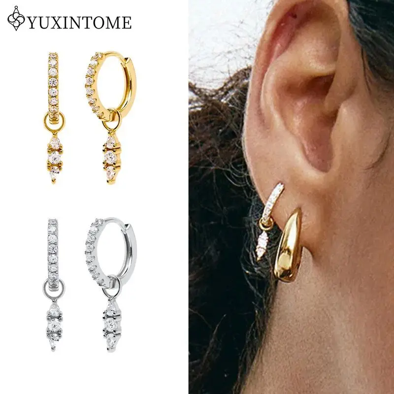 

925 Sterling Silver Ear Needle Prismatic Pendant Hoop Earrings For Women Vintage White Zircon Earrings Fashion Party Jewelry