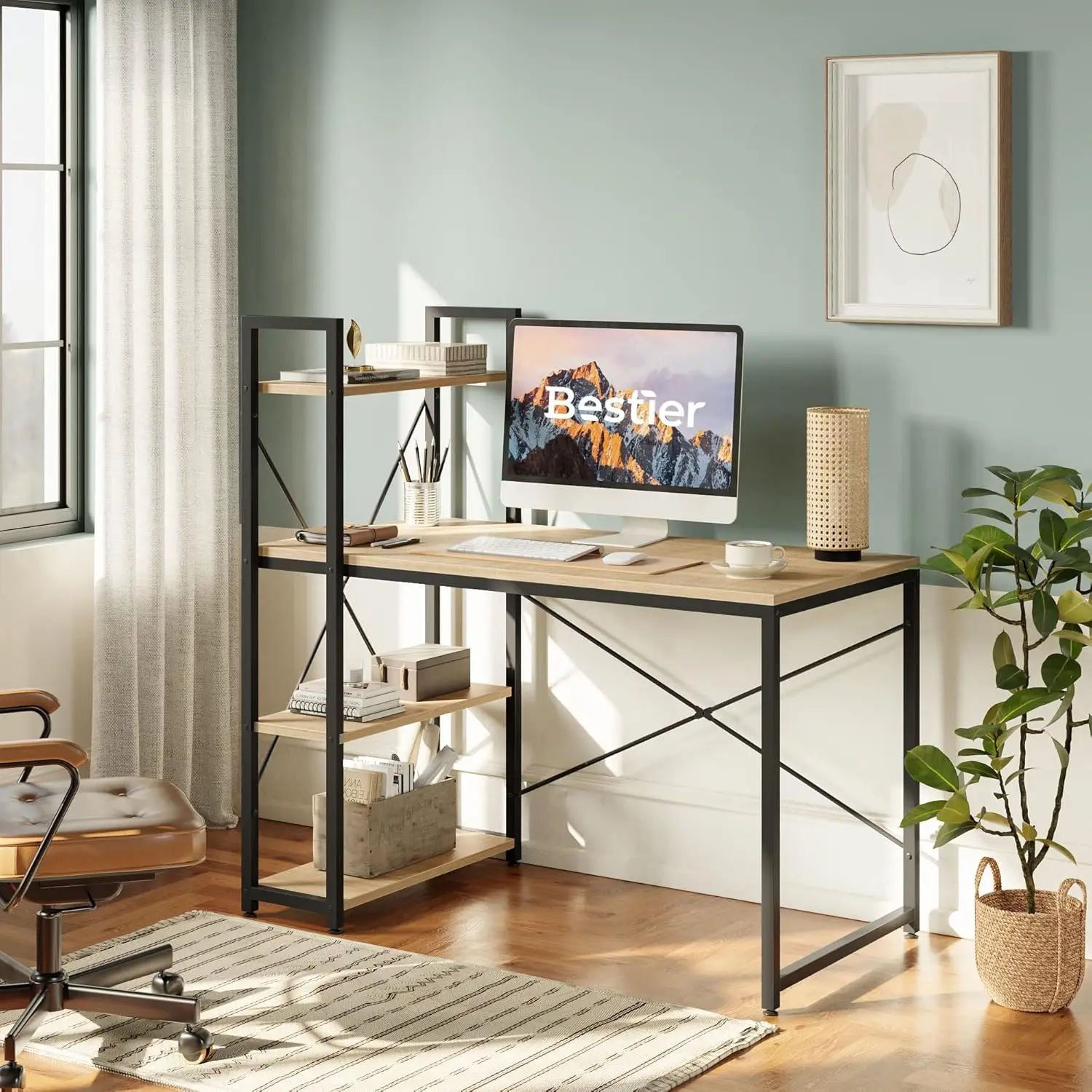 47 Inch Computer Desk with Adjustable Shelves, Simple Writing Desk with Reversible Bookshelf and Metal Legs for Home Office