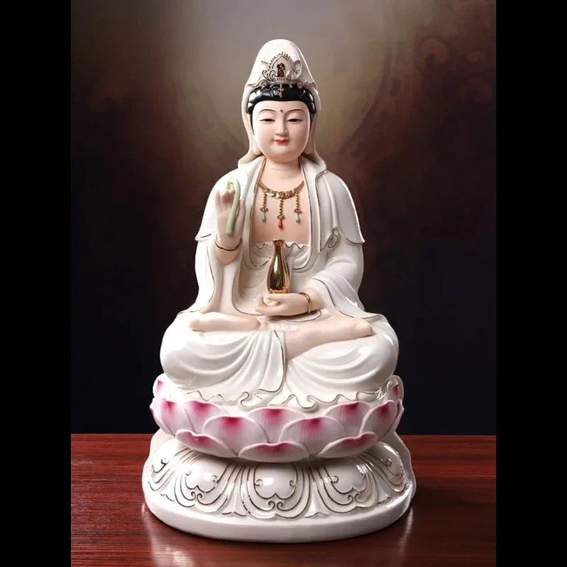 1PCS 12 inch ceramic Guanyin Buddha statue with Feng Shui ornaments for home worship of figures living room decoration