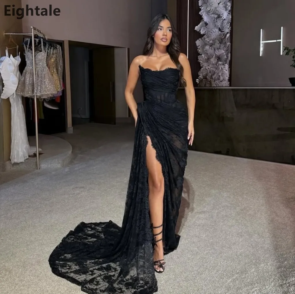 

Eightale 2026 Black Mermaid Strapless Evening Dress Ruched Lace Prom Dress with High Slit and Train Formal Party Gown Customized