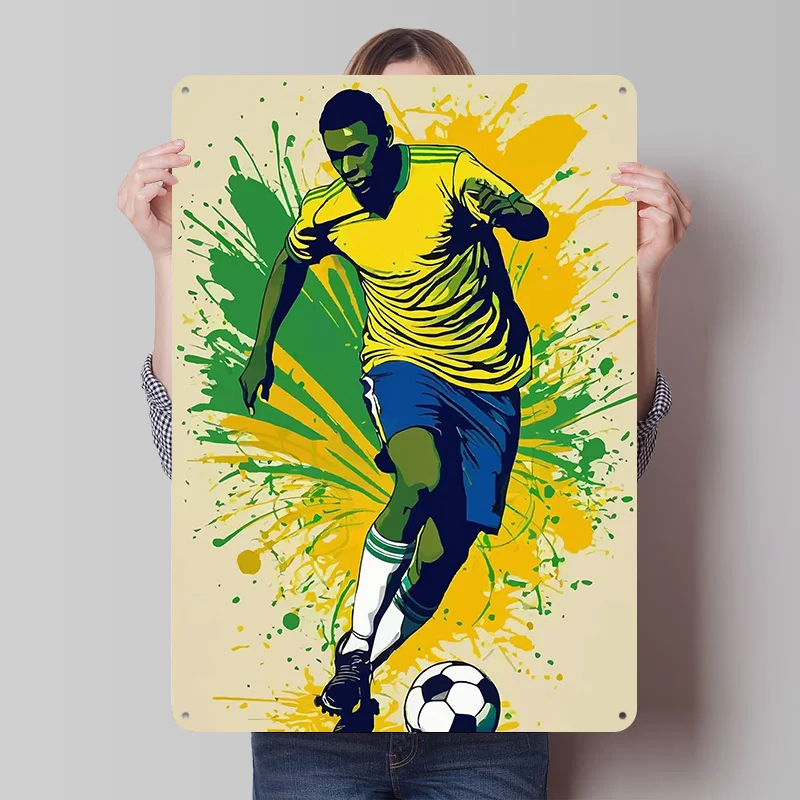 Player With Brazil Splatter Background Metal Sign Wall Art Poster Bedroom Decoration Room Football Tin Signs for Home Decoration