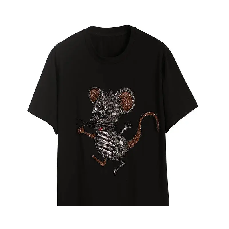 Cotton Short Sleeve T-shirt Women Summer New Fashion Foreign Style Slim Heavy Industry Diamond Inlaid Cute Mouse Tees Tops