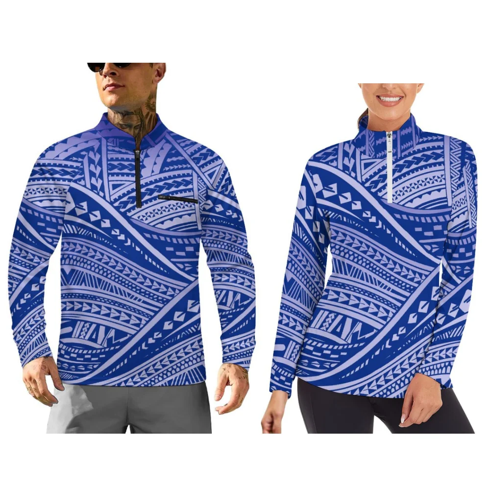 Hawaiian Tropical Flower Patterned Long-Sleeved Sporty Couple Outfits With A Zipper Collar Design And Customizable Patterns