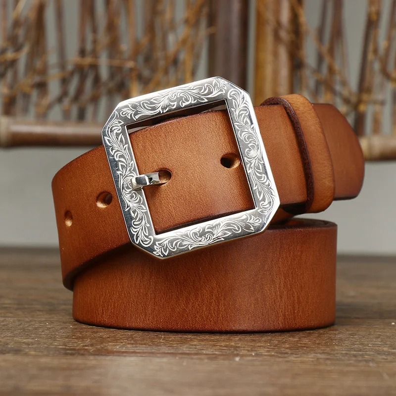 

3.8CM Thick Cowhide Carved Stainless Steel Buckle Genuine Leather Jeans Belt Men High Quality Retro Luxury Male Strap Cintos