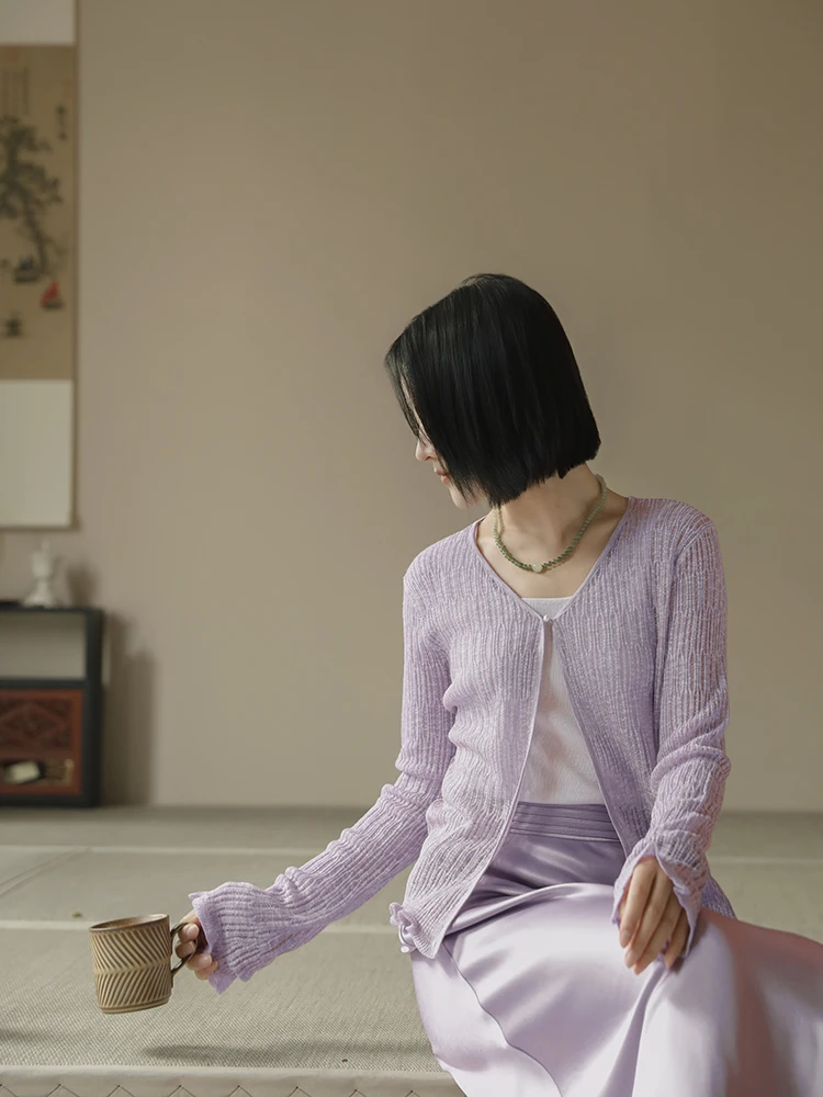 

Lightweight Ladies Knitted Open Cardigan Sun Protection irt Air Conditioning irt V-ne Long Sve Ultra-thin Summer New...