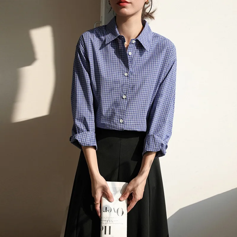 

Vintage Women's Blouses Casual Plaid Tops Fashion Loose Summer French Style Clothing Long Sleeved Korean Women Shirt