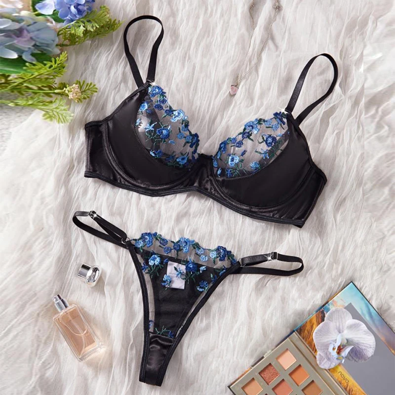 

Sensual Lingeries Sexy Hot Intimate Bra Sets Mesh Embroidery Erotic Lingerie Three-Point Fancy Underwear Daring Lingerie Women