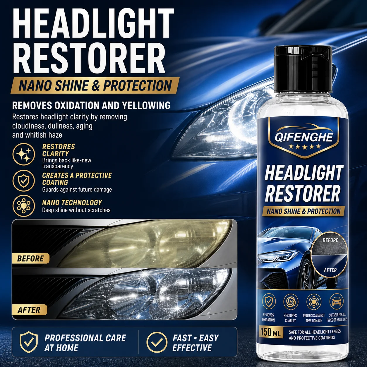 QIFENGHE Headlight Restorer 150ml, Car Headlight Polish Cream, Remove Oxidation Yellowing Scratches Swirl Marks, Nano Protective