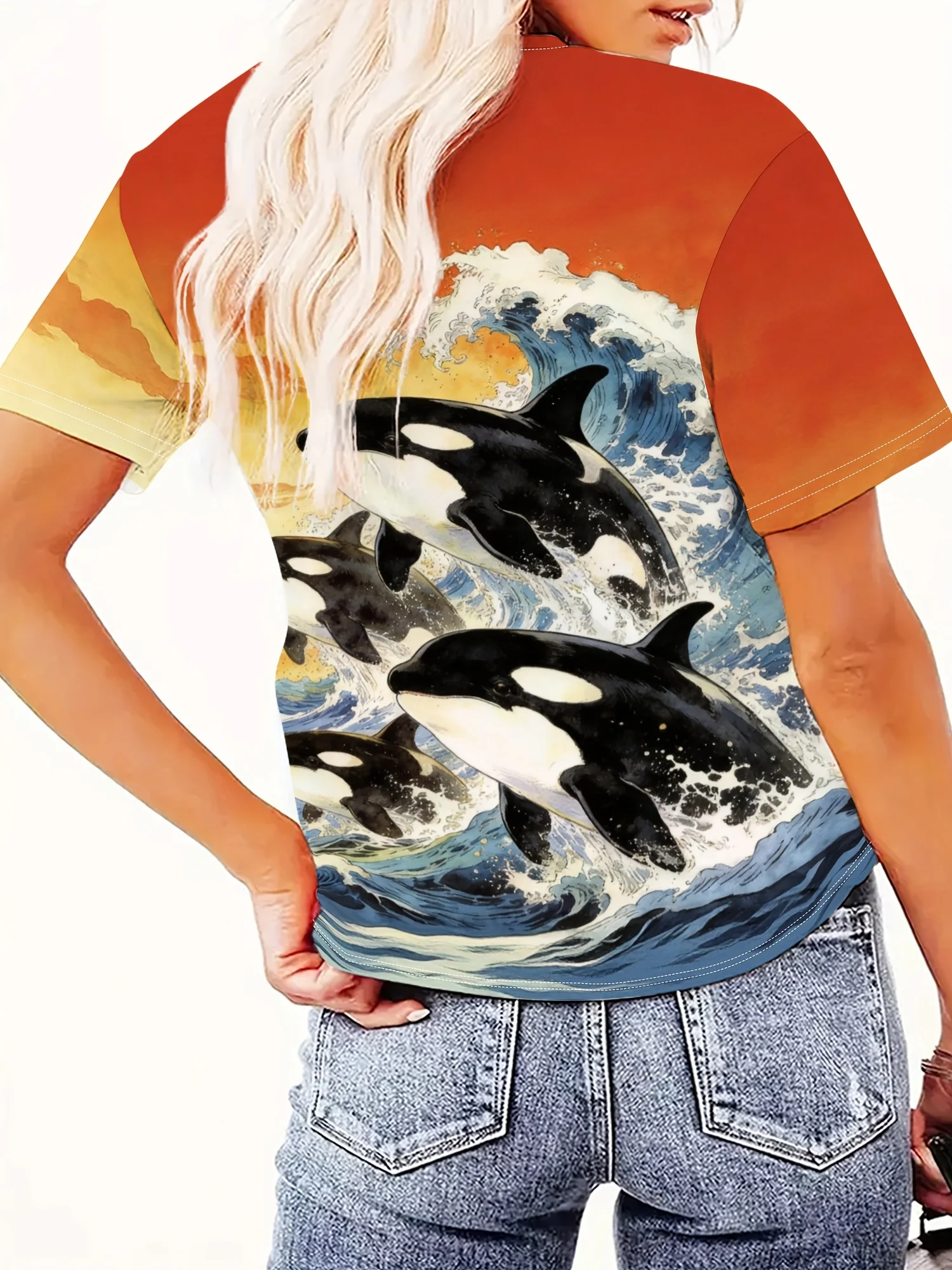 Women Crew Neck Short Sleeve T‑shirt Orca Killer Whale Ocean Wave Sunset Watercolor Art Print Casual Summer Tops