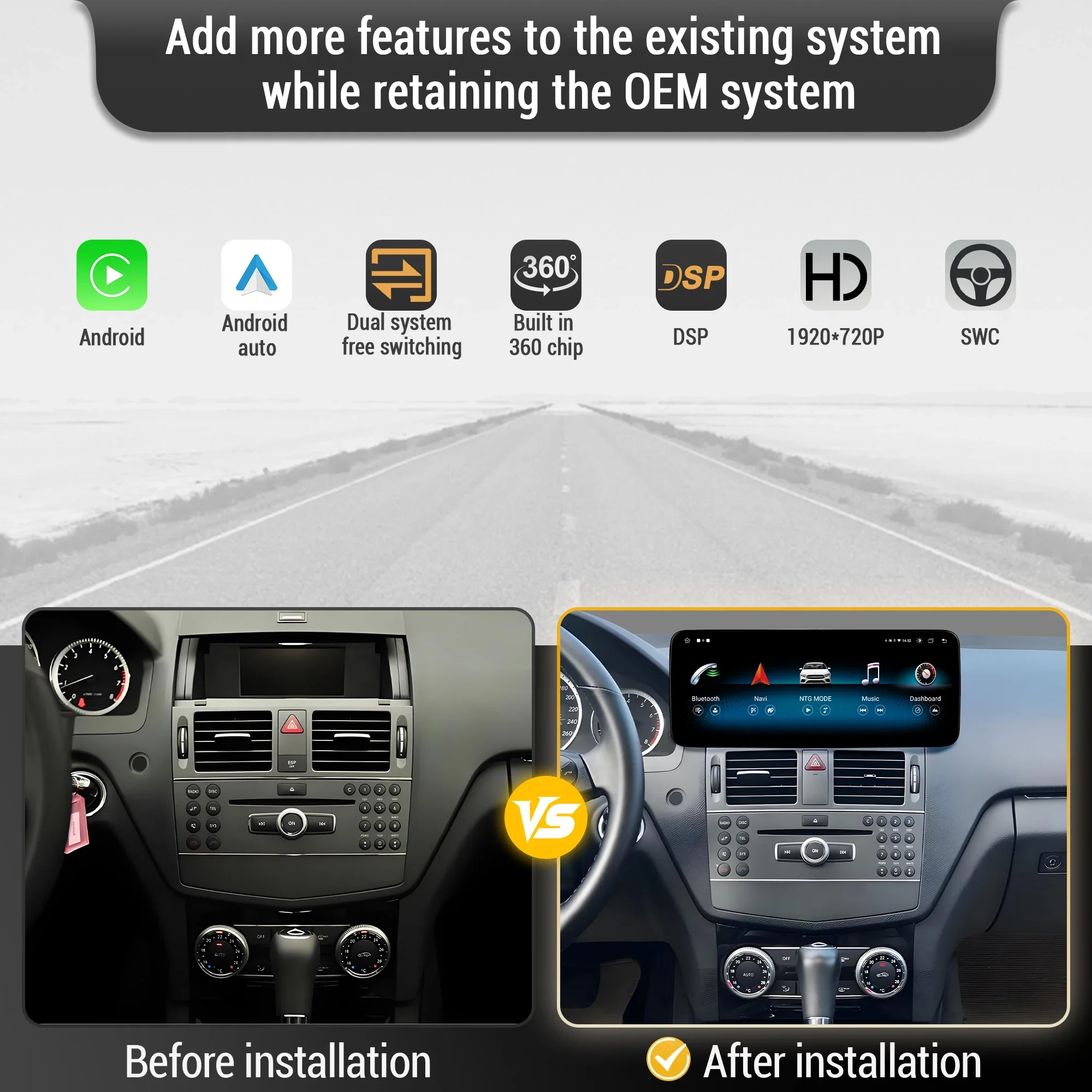 For Mercedes Benz W204 C Class C180 C200 C300 2008-2010  Android 14 Car Radio Wireless Carplay Snapdragon 680 CPU SM6225 Screen