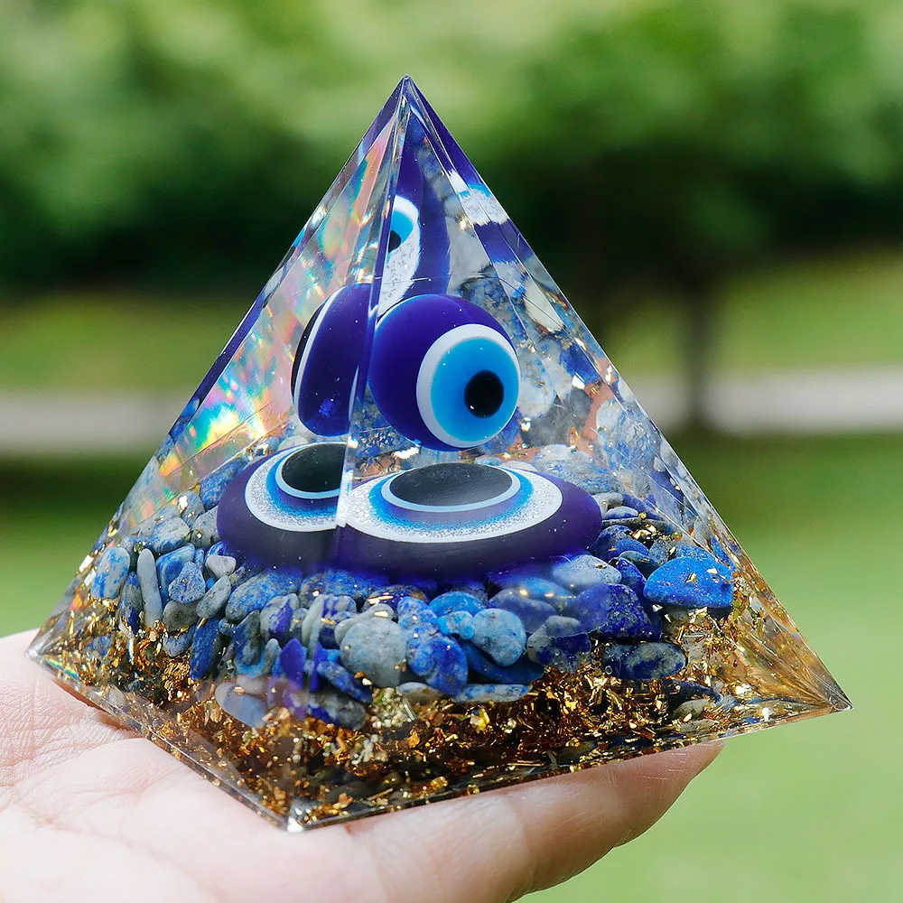 

Evil Eye Crystal Pyramid Blue Eyes Natural Lapis Lazuli Stones Healing Crystals Resin Pyramids for Home Decor Ornament Gift Box